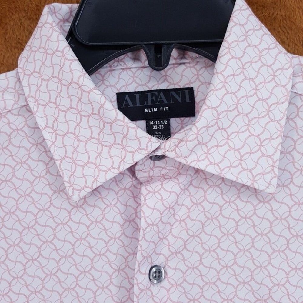 ALFANI Dress Shirt Mens Size 14 14.5 32 33 Pink Geo Neat Slim Fit Stretch